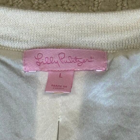 Lilly Pulitzer Navy Cream Merino Wool Silk Lined Knit Cardigan Sweater Large - Picture 10 of 13